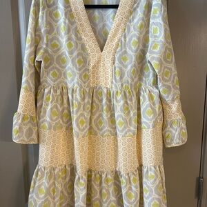 Entro Yellow and White Tiered Sundress with Bishop Sleeves